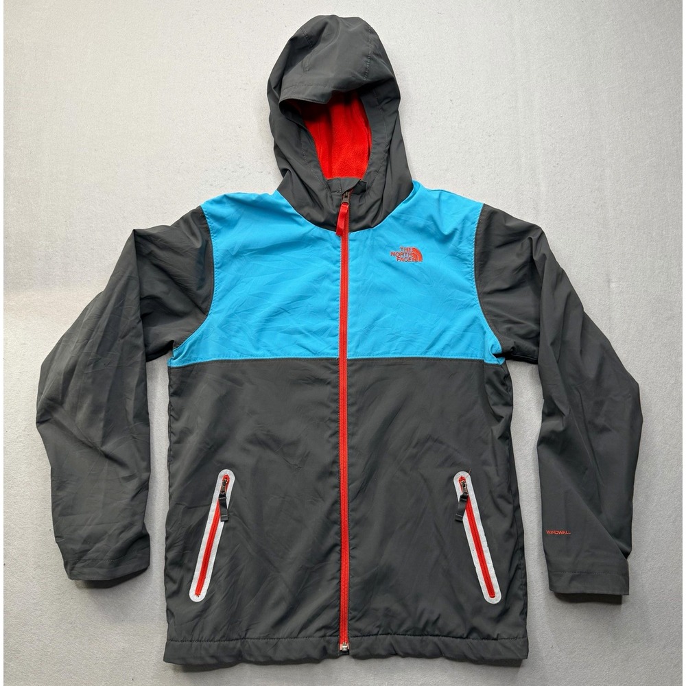 The North Face WindWall Boys XL Hooded Full Zip Lined Jacket Gray Blue Red